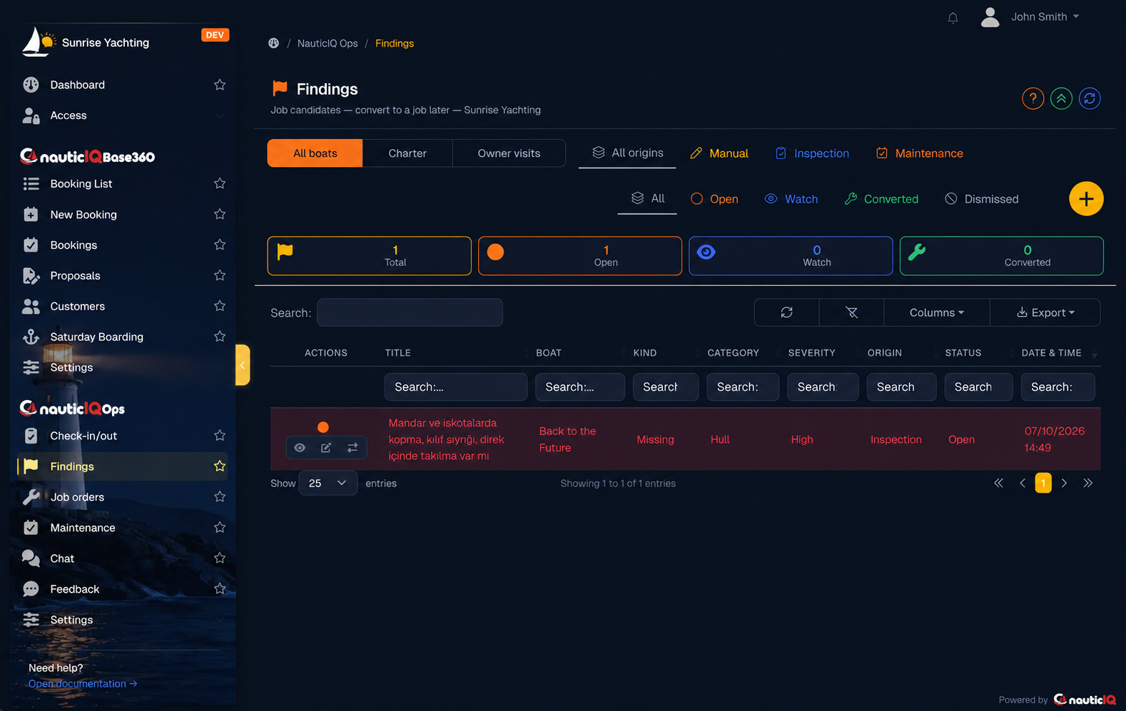 Ops browser findings list with status and severity filters