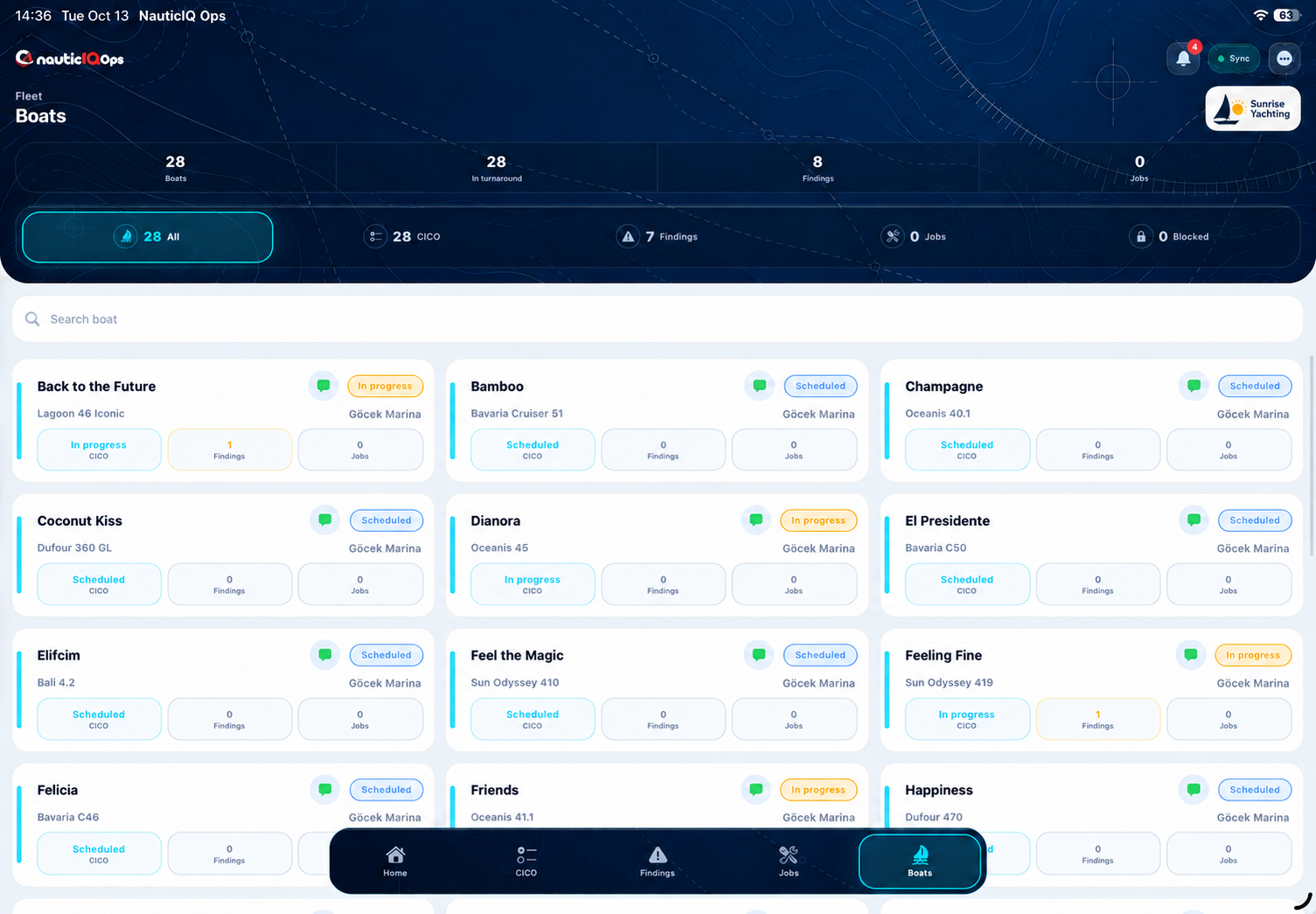 Ops tablet fleet overview with boat status and finding counts