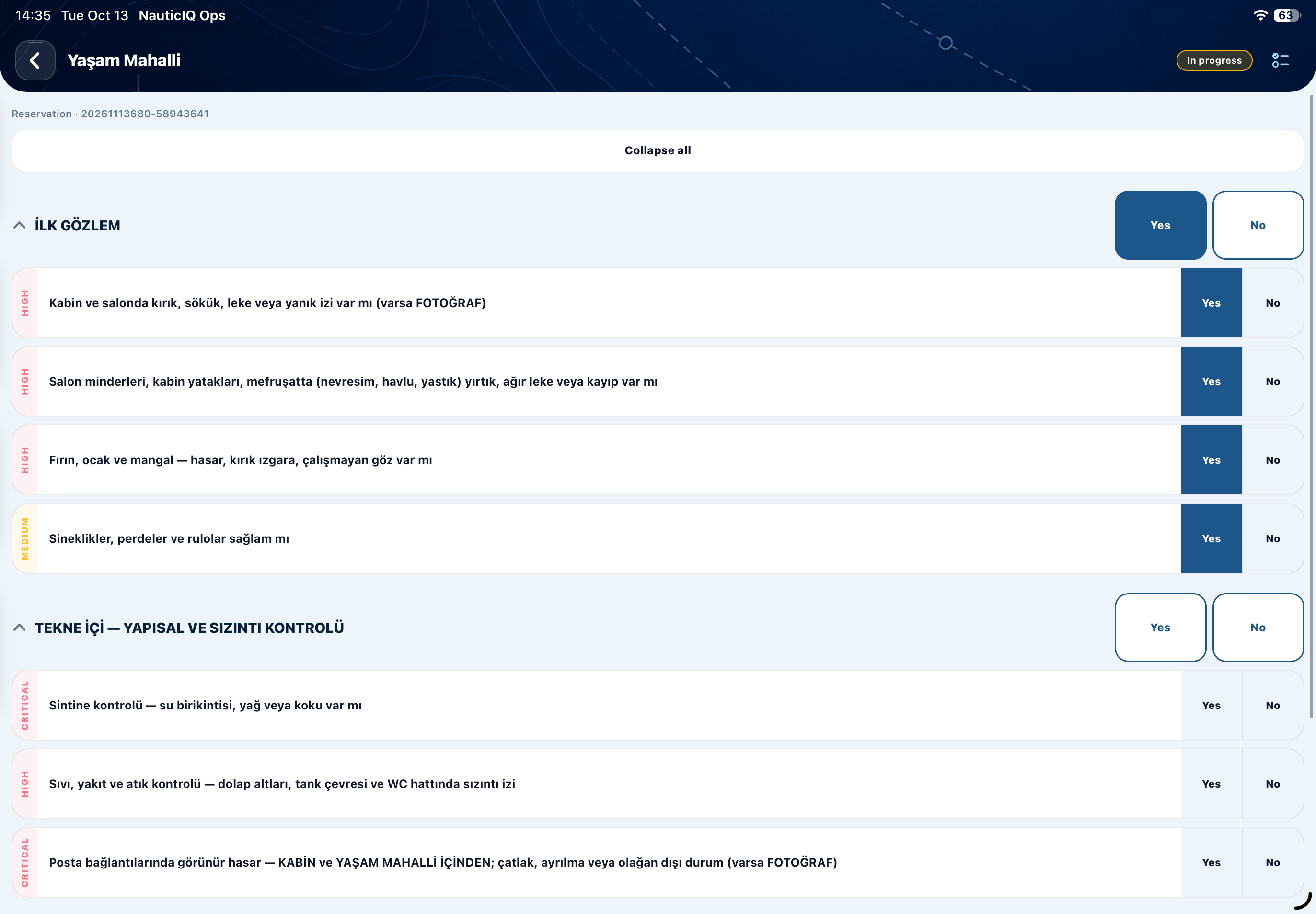 Ops tablet inspection with grouped checklist questions and answers