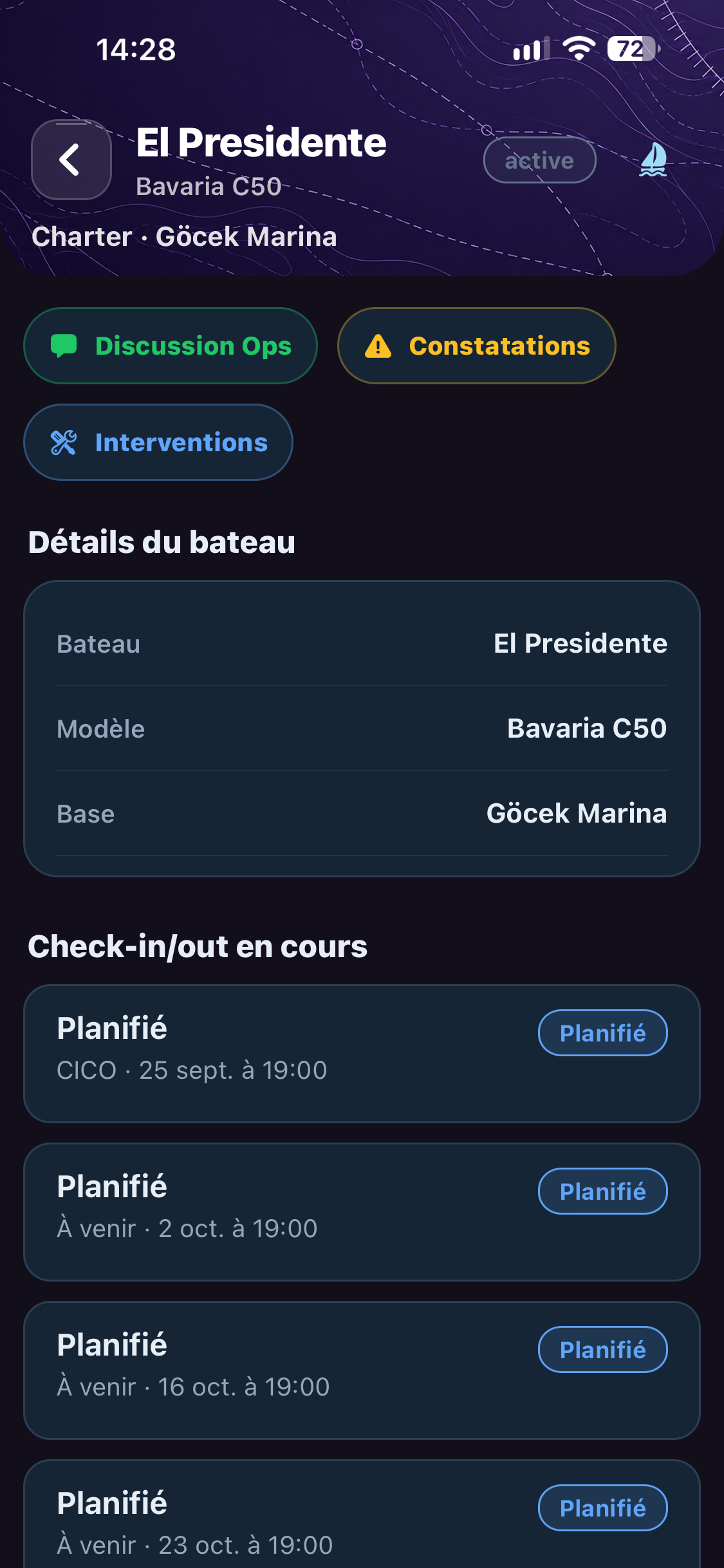 Ops phone app showing boat details and team tools in French