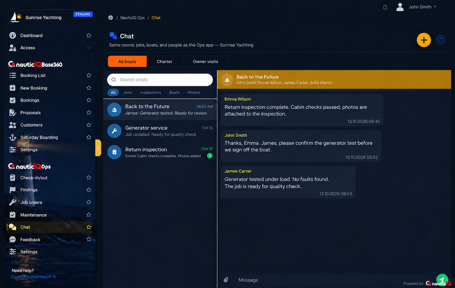 Ops browser chat showing a team coordinating an inspection and generator quality check